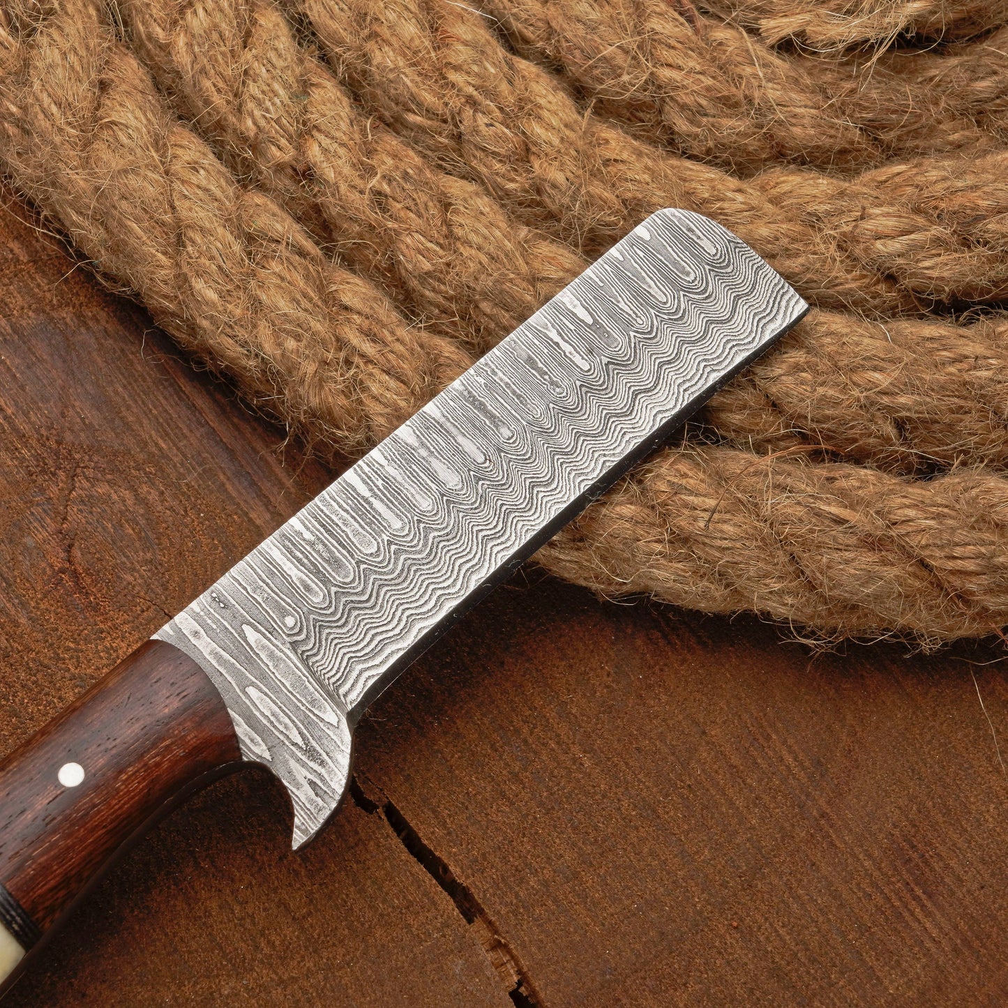 Custom Handmade Damascus Steel Bull Cutter Knife w/ Rosewood & Bone Handle | Damascus Blade