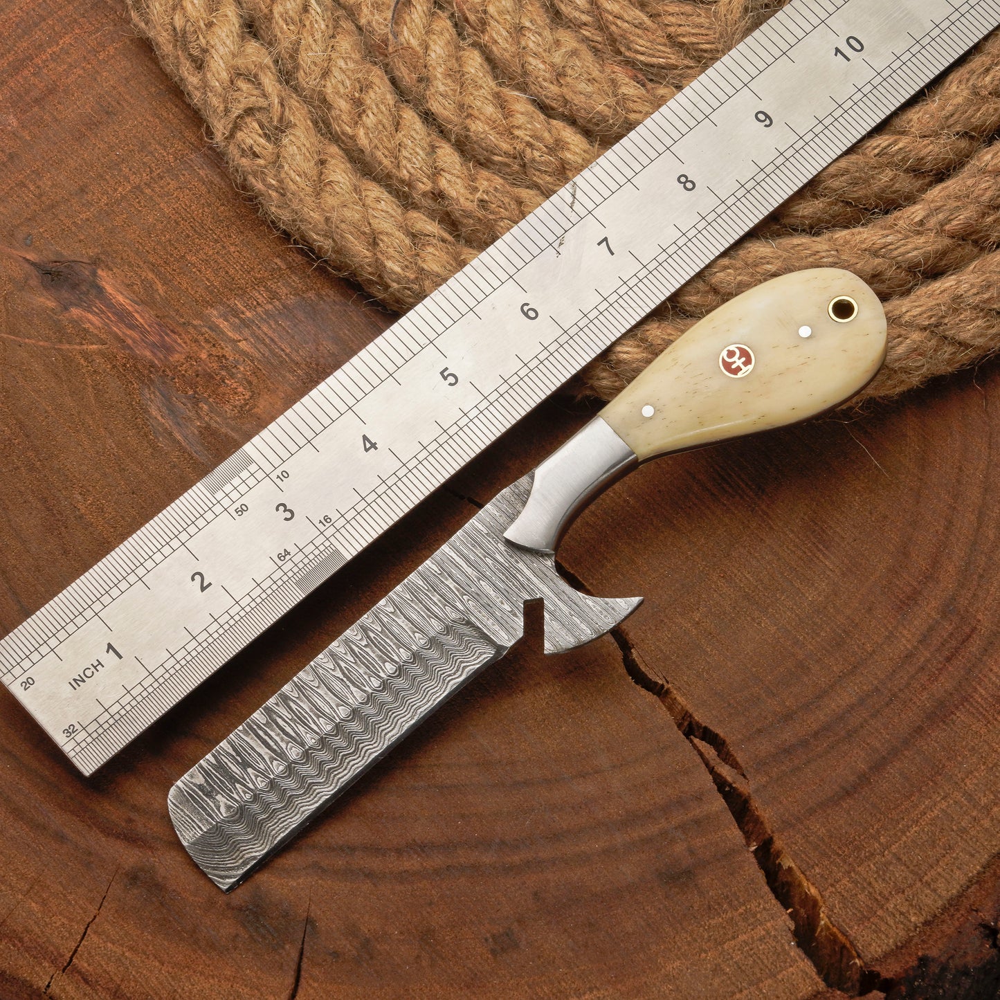Custom Handmade Damascus Steel Bull Cutter Knife with Bone Handle