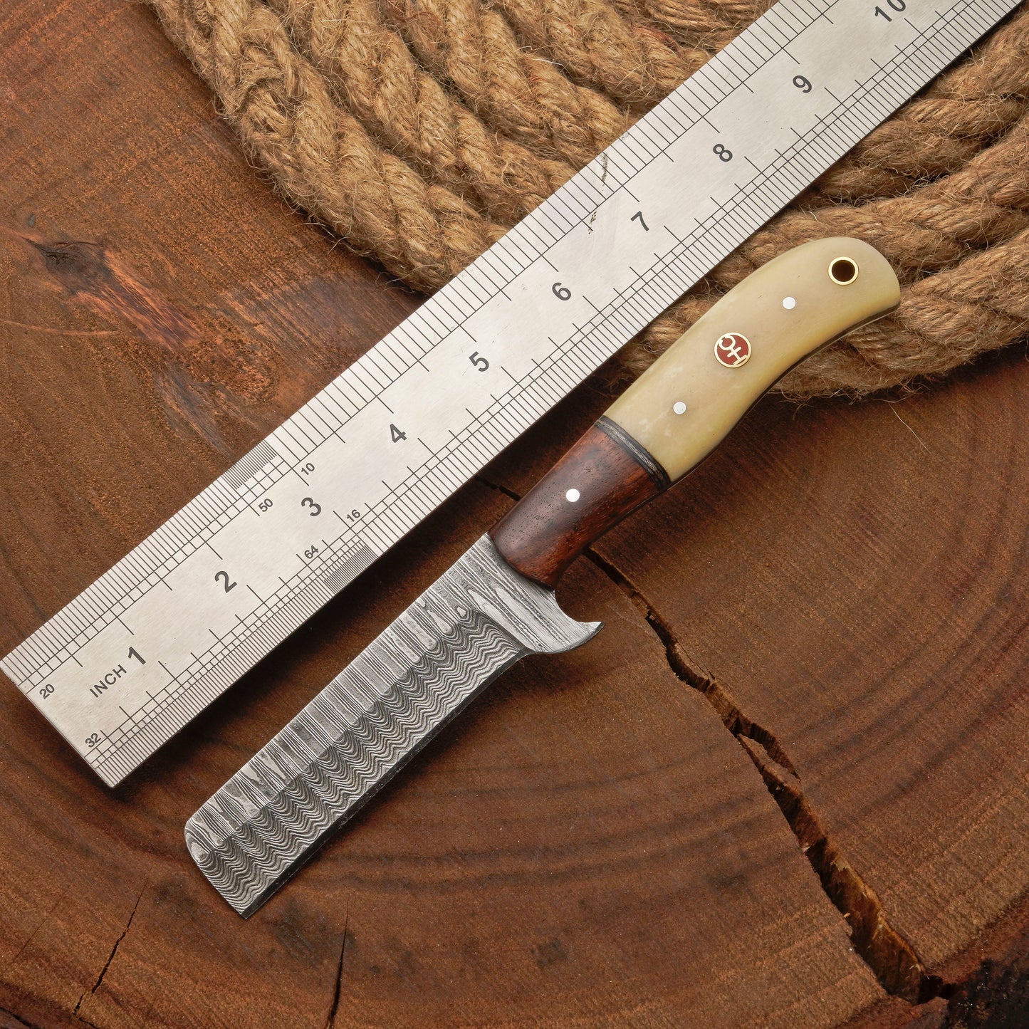 Custom Handmade Damascus Steel Bull Cutter Knife w/ Rosewood & Bone Handle | Damascus Blade