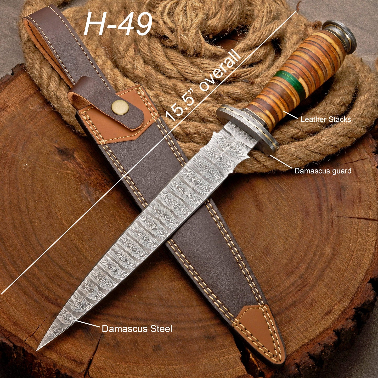 Custom Handmade Damascus Steel Dagger Knife with Leather Stack Handle in Green & Brown