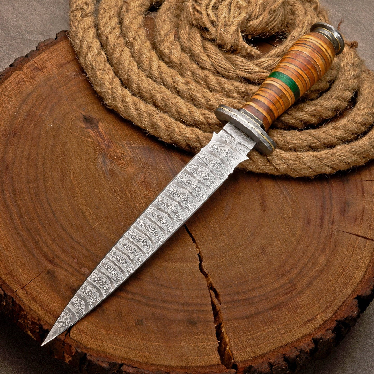Custom Handmade Damascus Steel Dagger Knife with Leather Stack Handle in Green & Brown