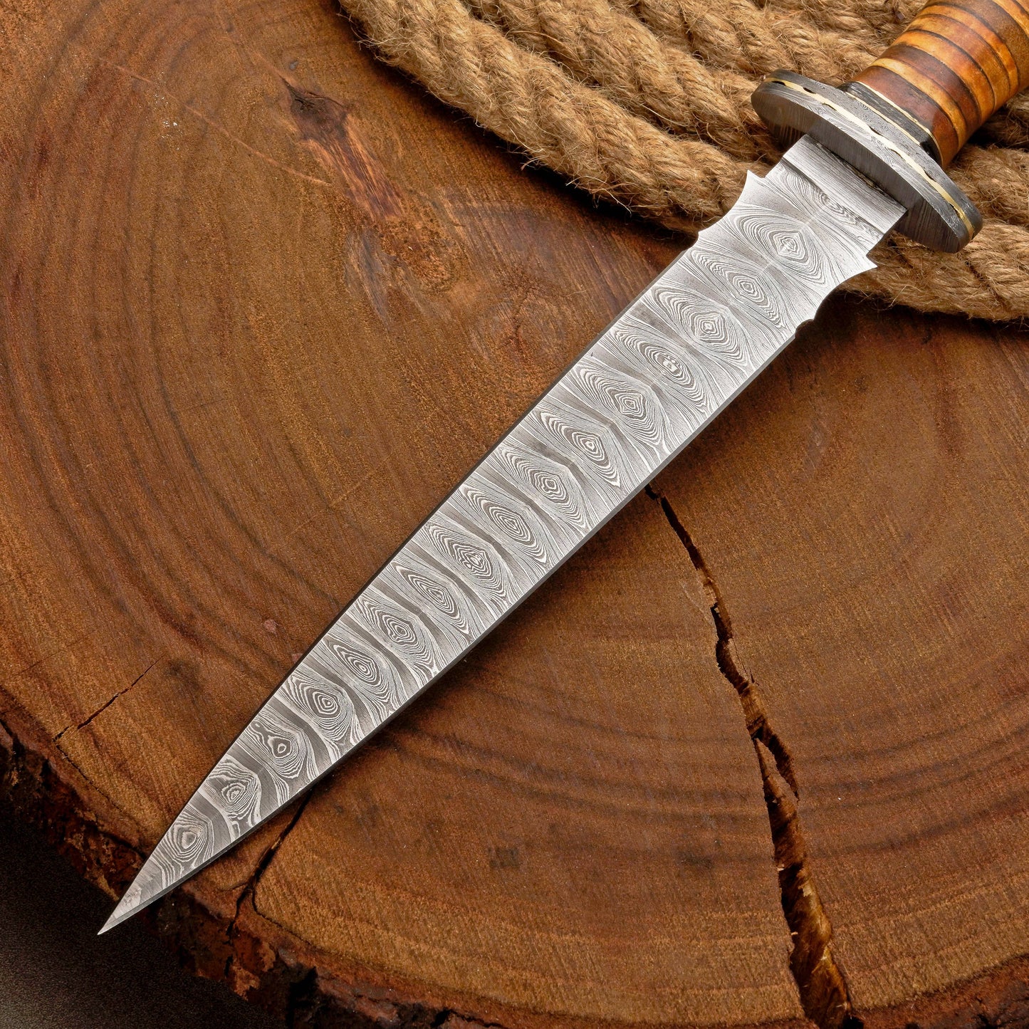 Custom Handmade Damascus Steel Dagger Knife with Leather Stack Handle in Green & Brown