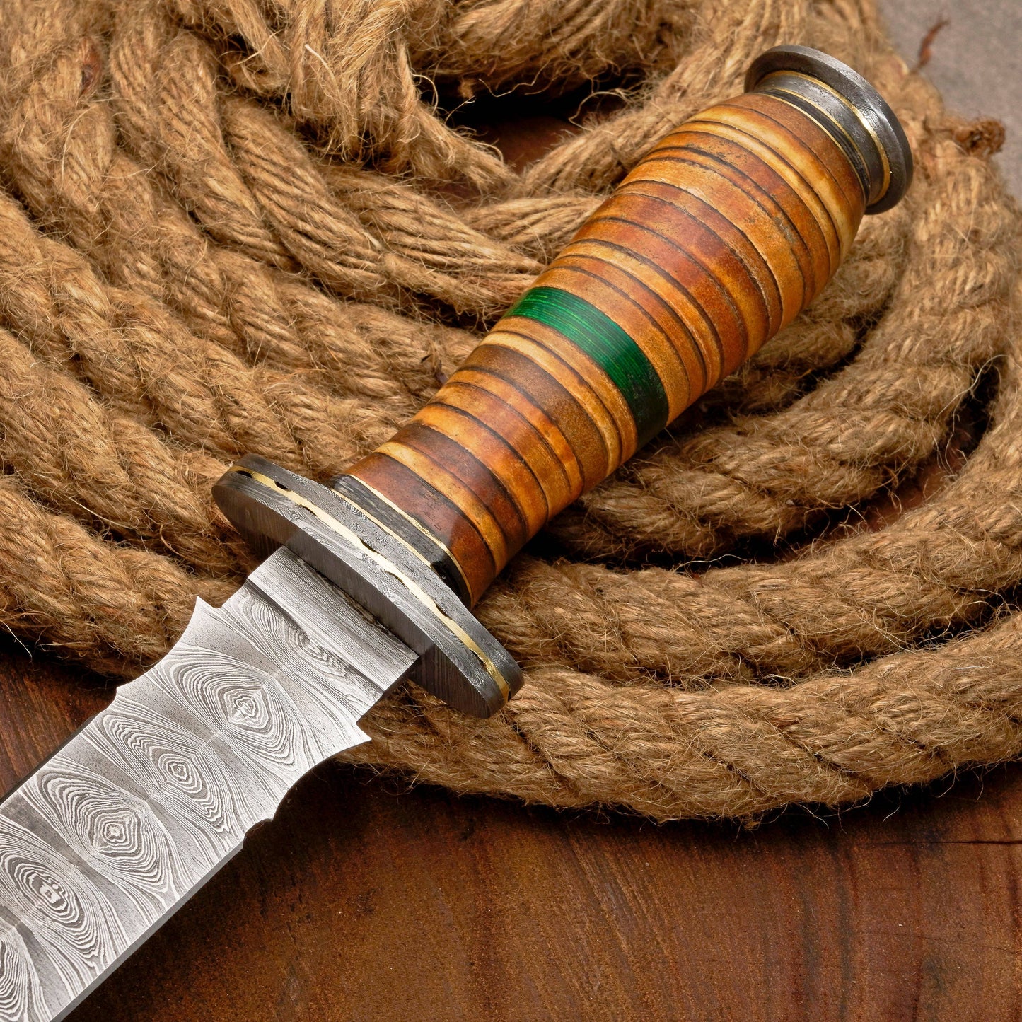 Custom Handmade Damascus Steel Dagger Knife with Leather Stack Handle in Green & Brown