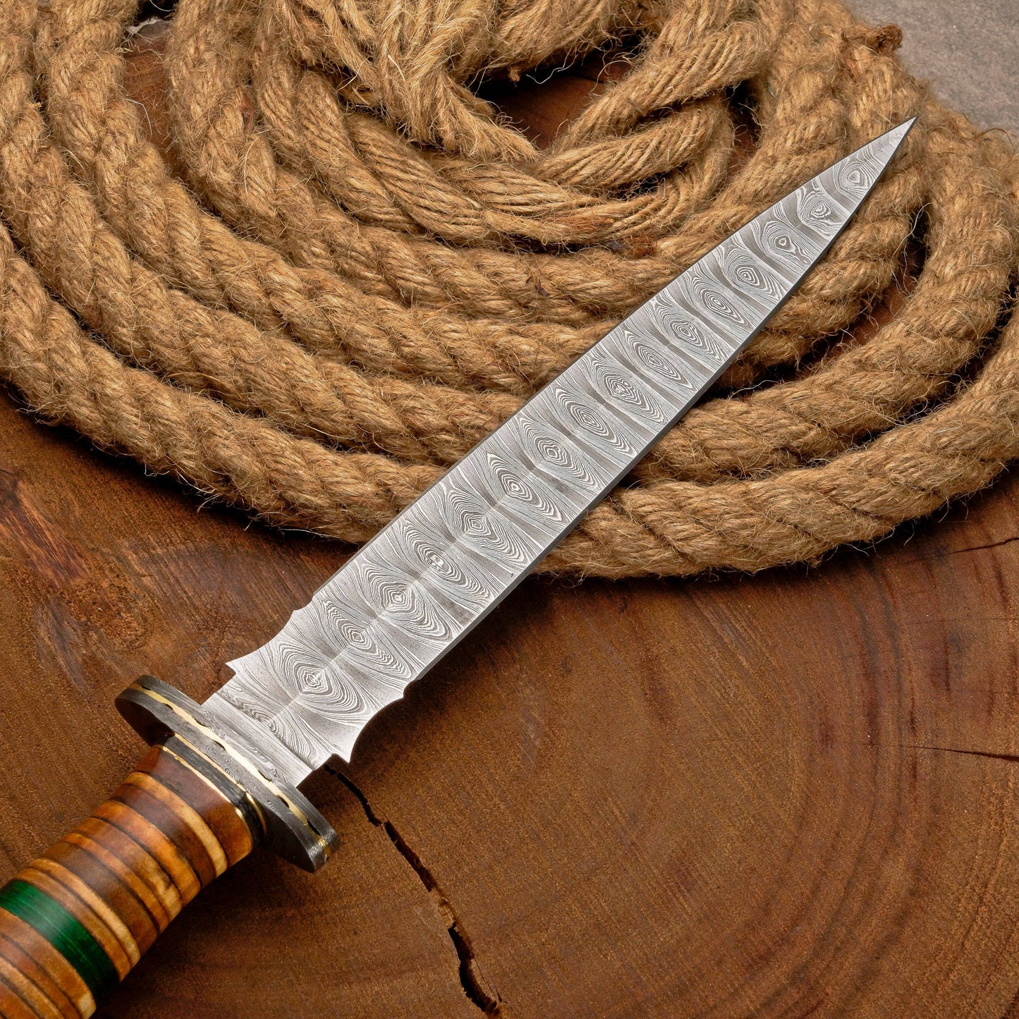 Custom Handmade Damascus Steel Dagger Knife with Leather Stack Handle in Green & Brown