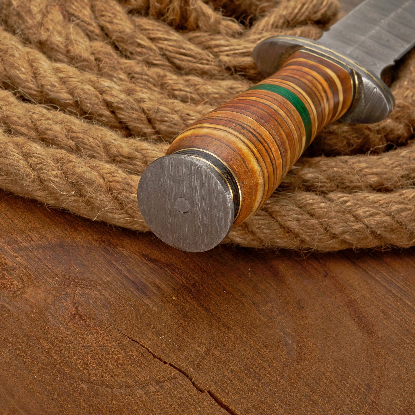 Custom Handmade Damascus Steel Dagger Knife with Leather Stack Handle in Green & Brown