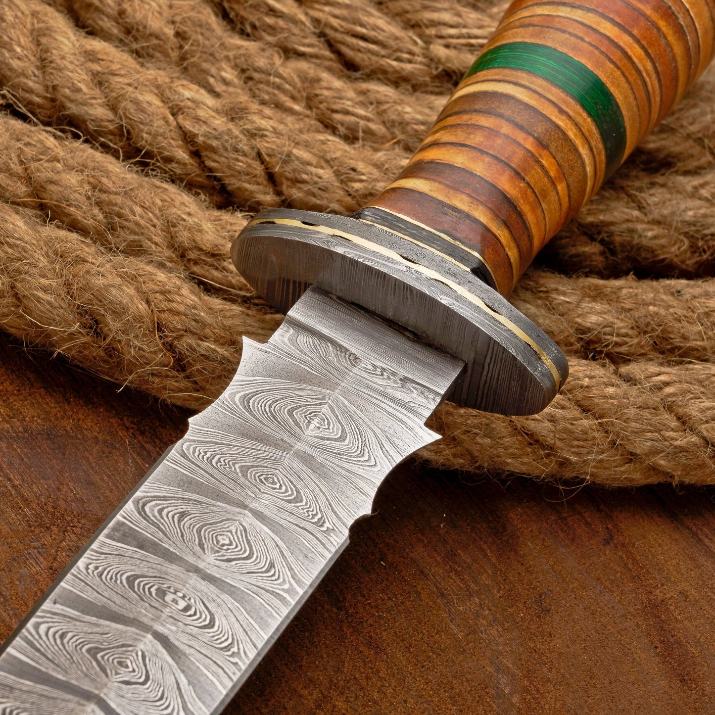 Custom Handmade Damascus Steel Dagger Knife with Leather Stack Handle in Green & Brown