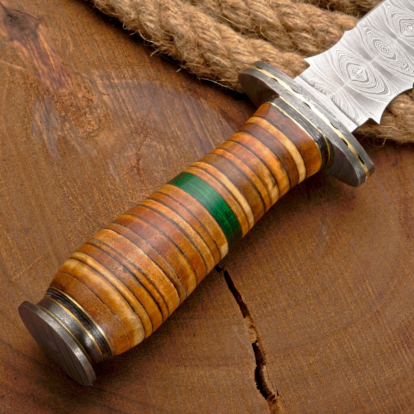 Custom Handmade Damascus Steel Dagger Knife with Leather Stack Handle in Green & Brown