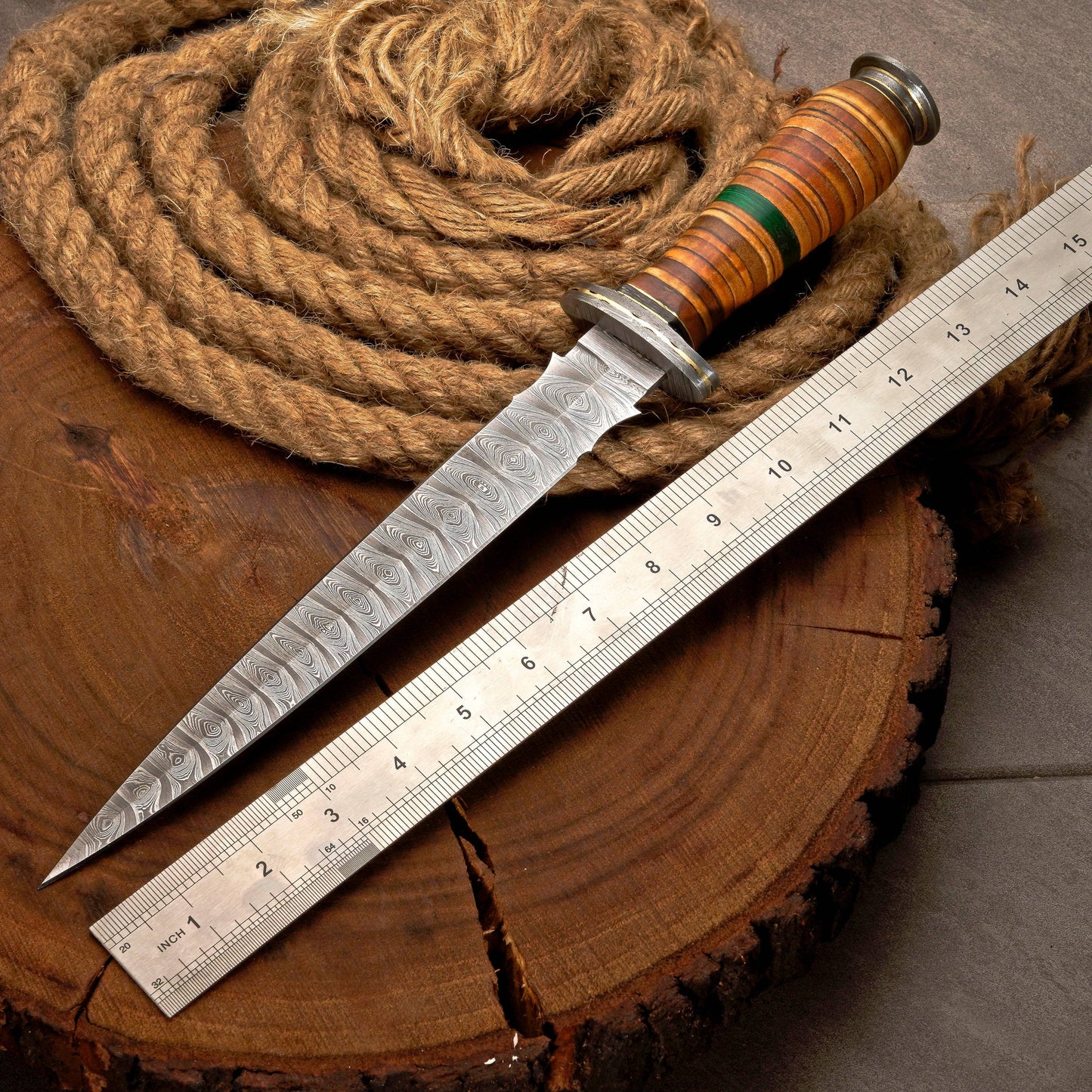 Custom Handmade Damascus Steel Dagger Knife with Leather Stack Handle in Green & Brown