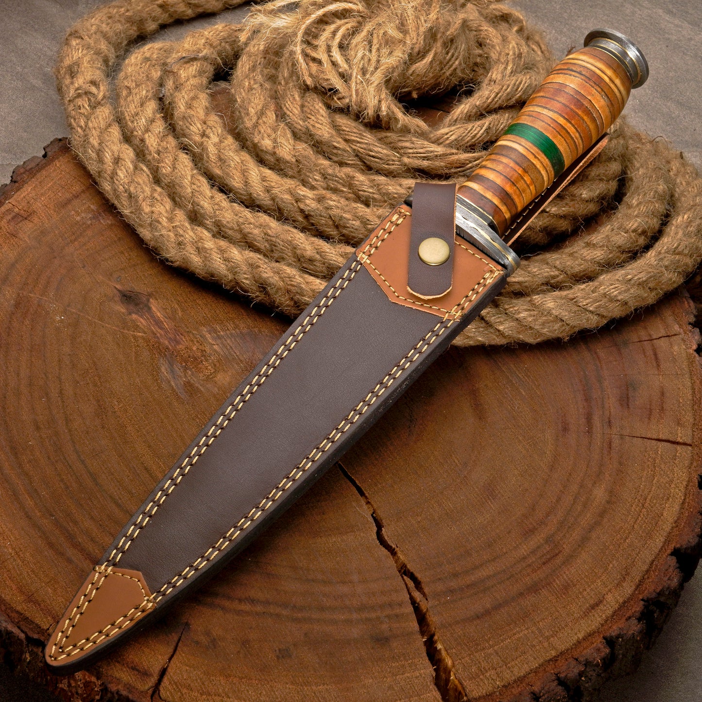 Custom Handmade Damascus Steel Dagger Knife with Leather Stack Handle in Green & Brown
