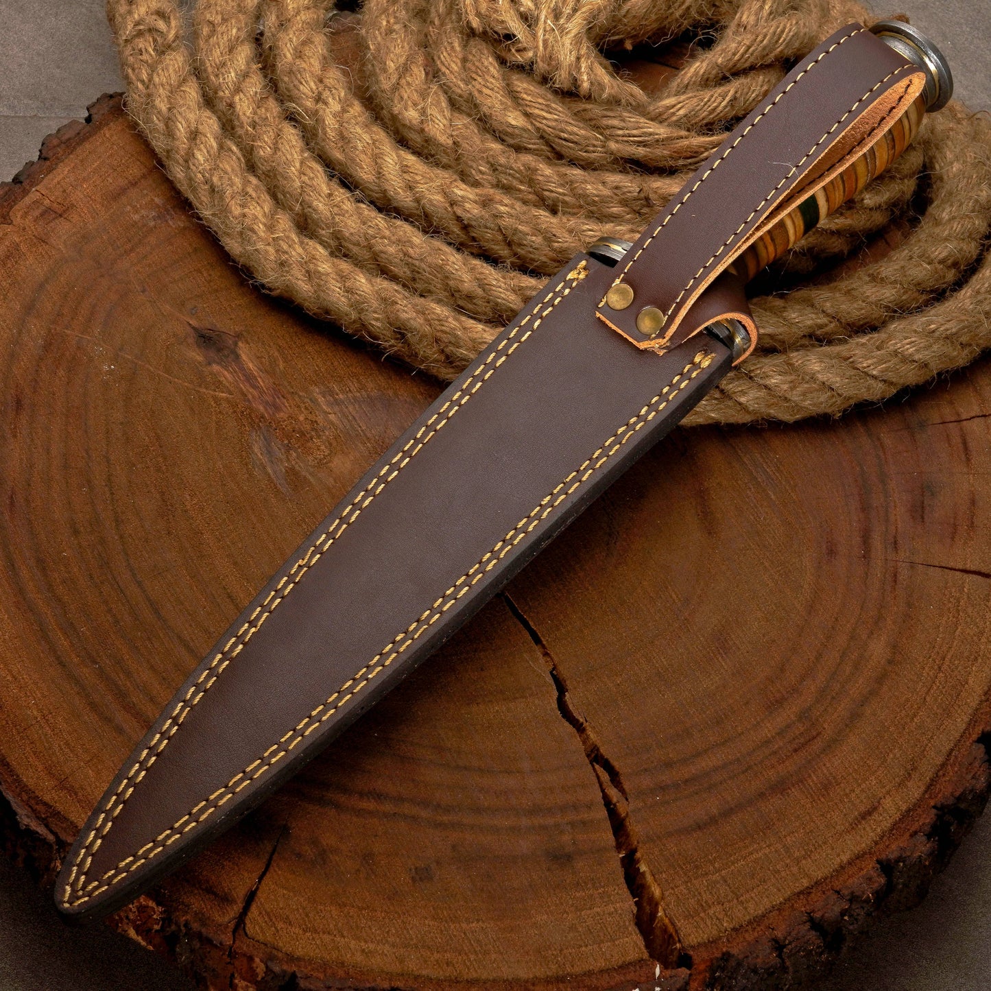 Custom Handmade Damascus Steel Dagger Knife with Leather Stack Handle in Green & Brown