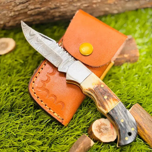 Handmade Forged Damascus Steel Folding Pocket Knife-Stag Horn & Pakka Wood Handle Hunt Craft Knives