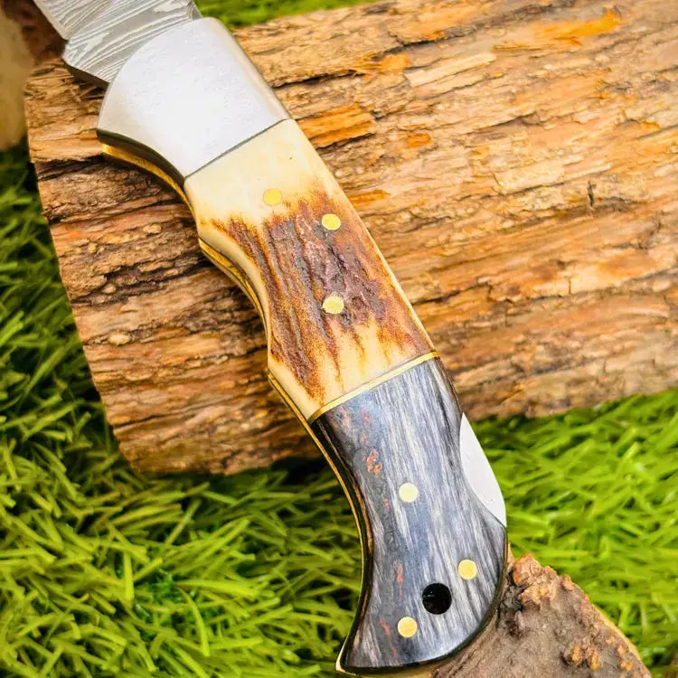 Handmade Forged Damascus Steel Folding Pocket Knife-Stag Horn & Pakka Wood Handle Hunt Craft Knives