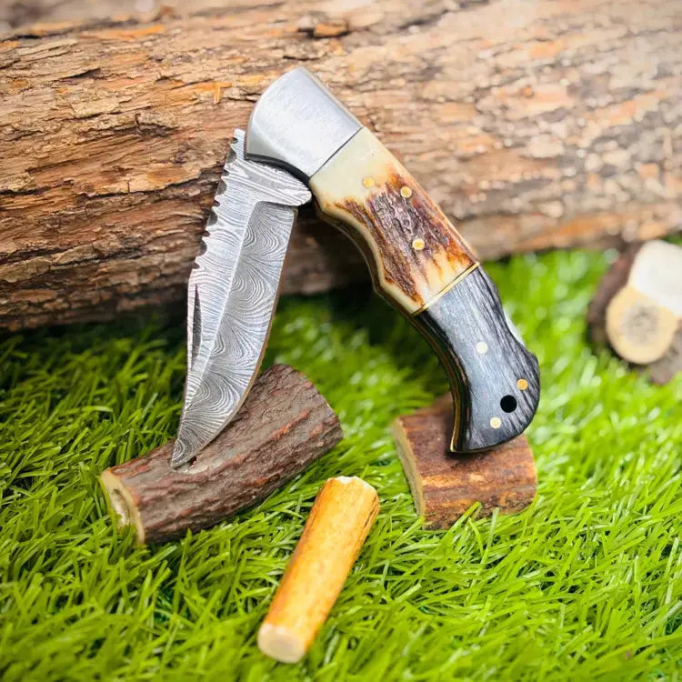 Handmade Forged Damascus Steel Folding Pocket Knife-Stag Horn & Pakka Wood Handle Hunt Craft Knives