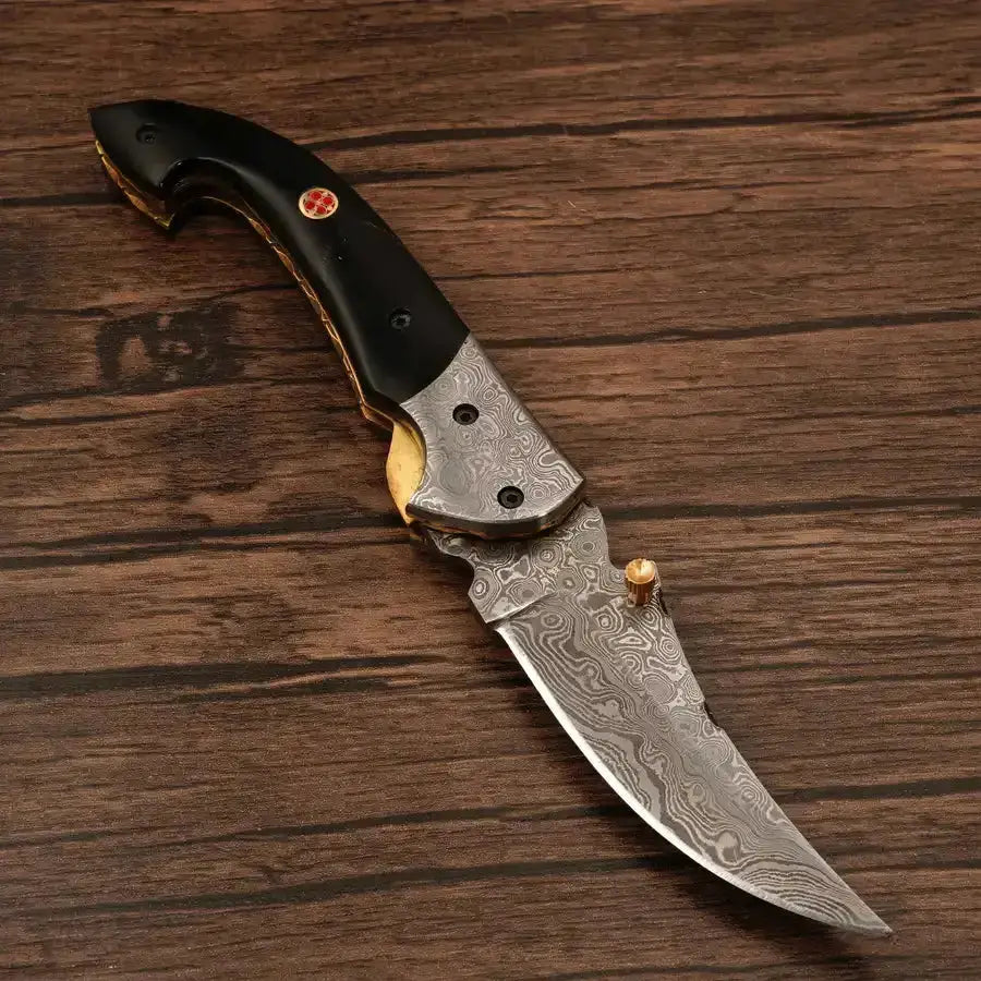 Handcraft Damascus Steel Pocket Knife-Damascus Bolster Folding Knife With Black Horn Handle - Hunt Craft Knives