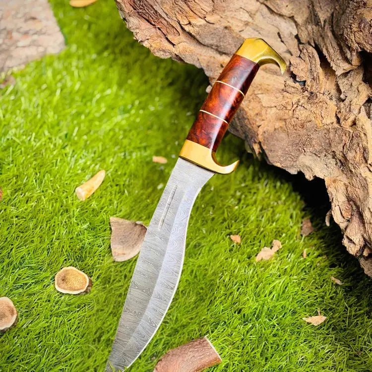 Handmade Damascus Steel Hunting Bowie Knife-Brass Guard & Rose Wood Handle Hunt Craft Knives