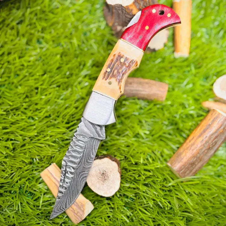 Handmade Damascus Steel Folding Pocket Knife Stag Horn Handle-Hunting Camping Knife Hunt Craft Knives