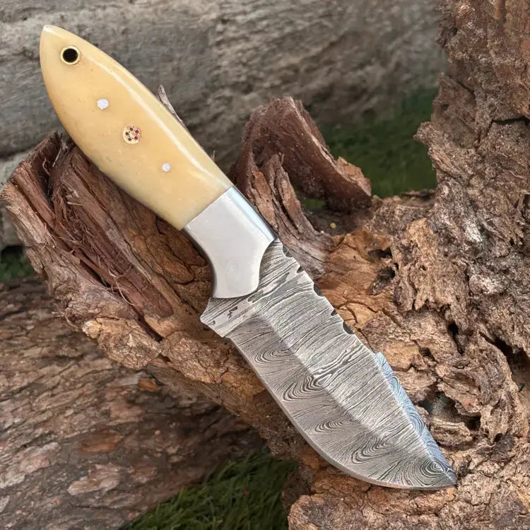 Handmade Damascus Steel Hunting Camping Knife-Steel Bolster & Bone Handle Hunt Craft Knives