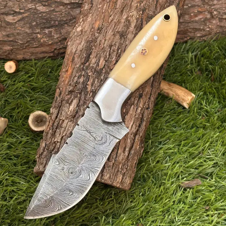 Handmade Damascus Steel Hunting Camping Knife-Steel Bolster & Bone Handle Hunt Craft Knives