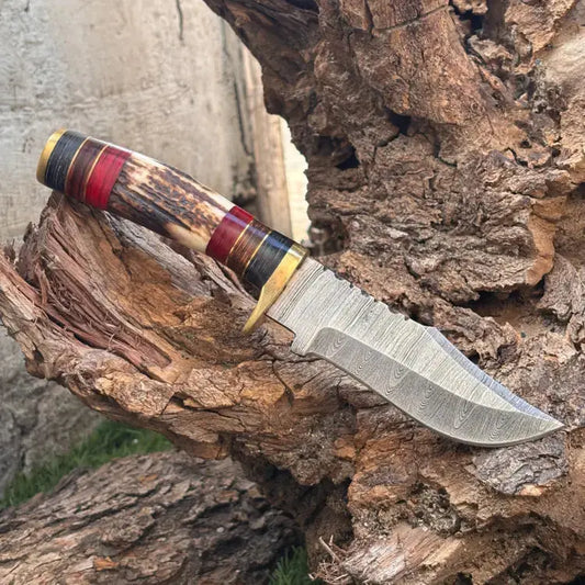 Handmade Damascus Steel Hunting Knife Brass Guard & Stag Horn Handle With Leather Sheath Hunt Craft Knives