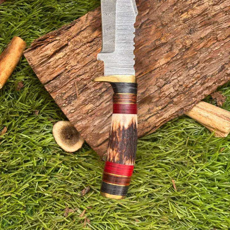 Handmade Damascus Steel Hunting Knife Brass Guard & Stag Horn Handle With Leather Sheath Hunt Craft Knives