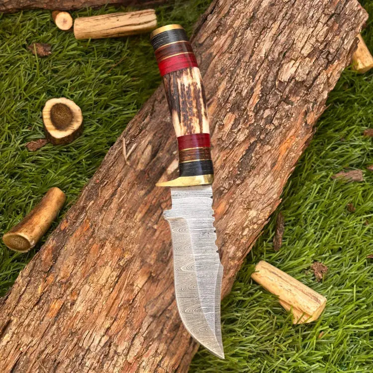 Handmade Damascus Steel Hunting Knife Brass Guard & Stag Horn Handle With Leather Sheath Hunt Craft Knives
