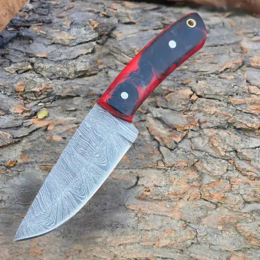 Handmade Damascus Steel Skinner Knife Red & Black Resin Handle - Hunt Craft Knives 