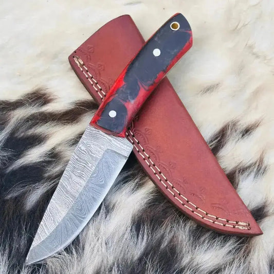 Handmade Damascus Steel Skinner Knife Red & Black Resin Handle - Hunt Craft Knives 