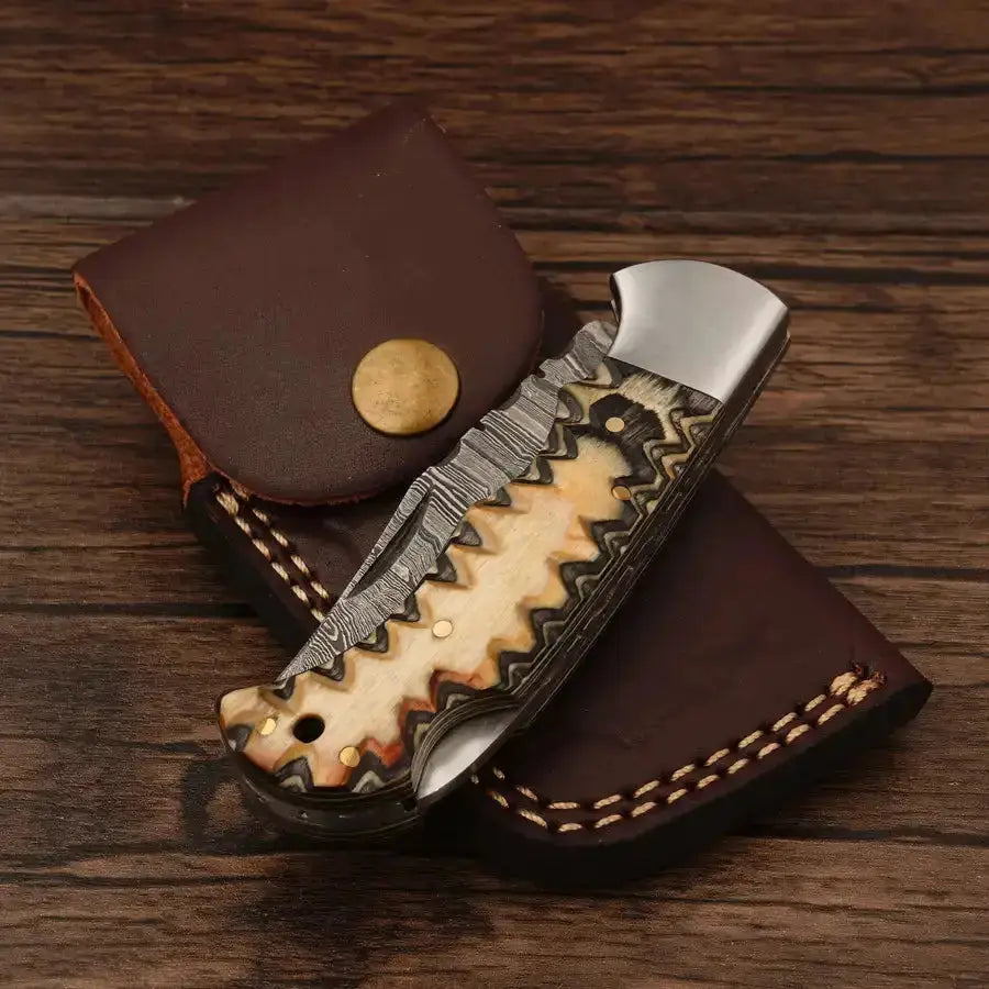 Handmade Damascus Pocket Knife-Camping Folding Blade With Pakka Wood Handle - Hunt Craft Knives