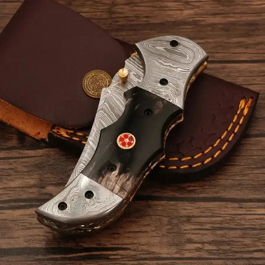 Handmade Damascus Pocket Knife-Damascus Bolster Folding Knife With Black Horn Handle - Hunt Craft Knives