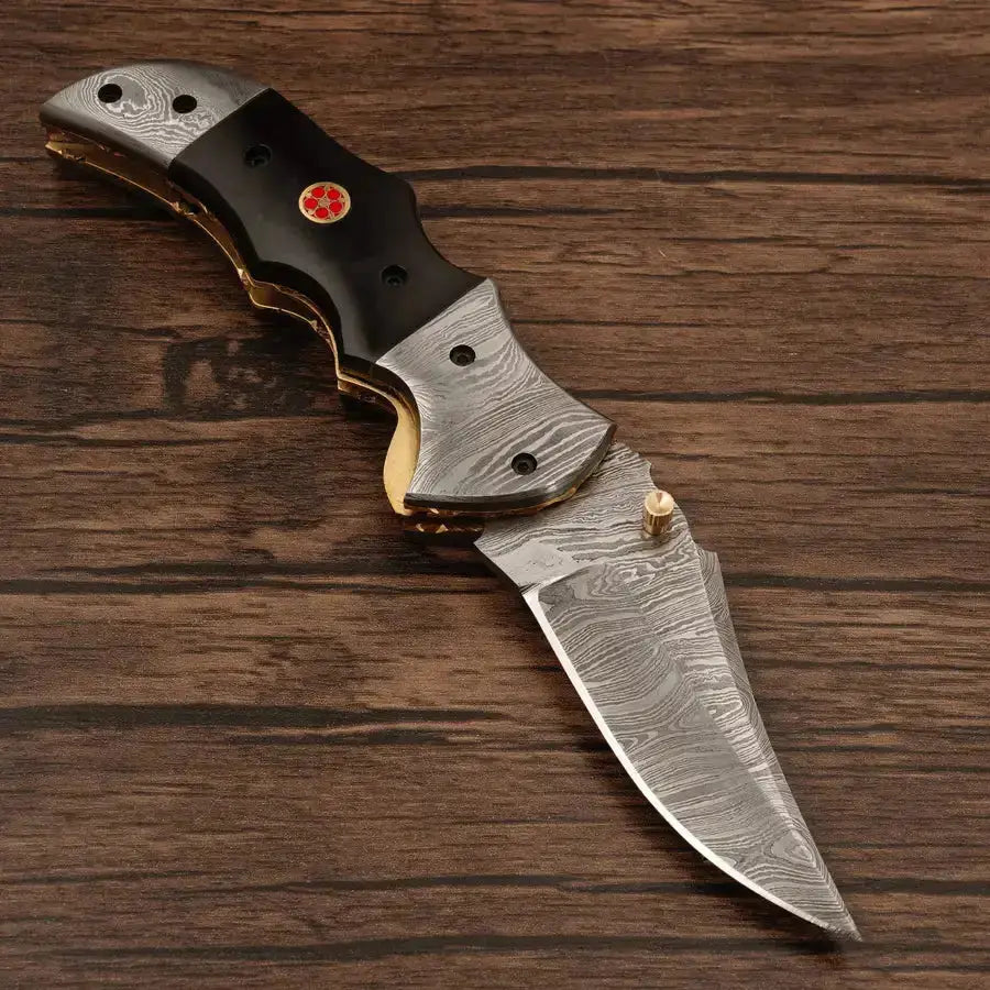 Handmade Damascus Pocket Knife-Damascus Bolster Folding Knife With Black Horn Handle - Hunt Craft Knives