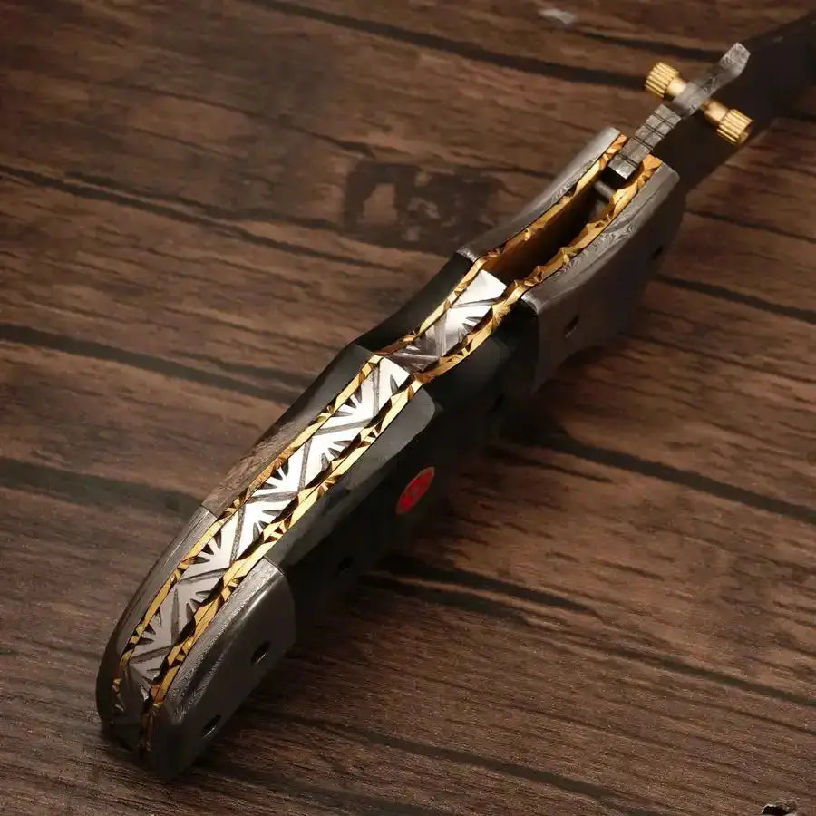 Handmade Damascus Pocket Knife-Damascus Bolster Folding Knife With Black Horn Handle - Hunt Craft Knives
