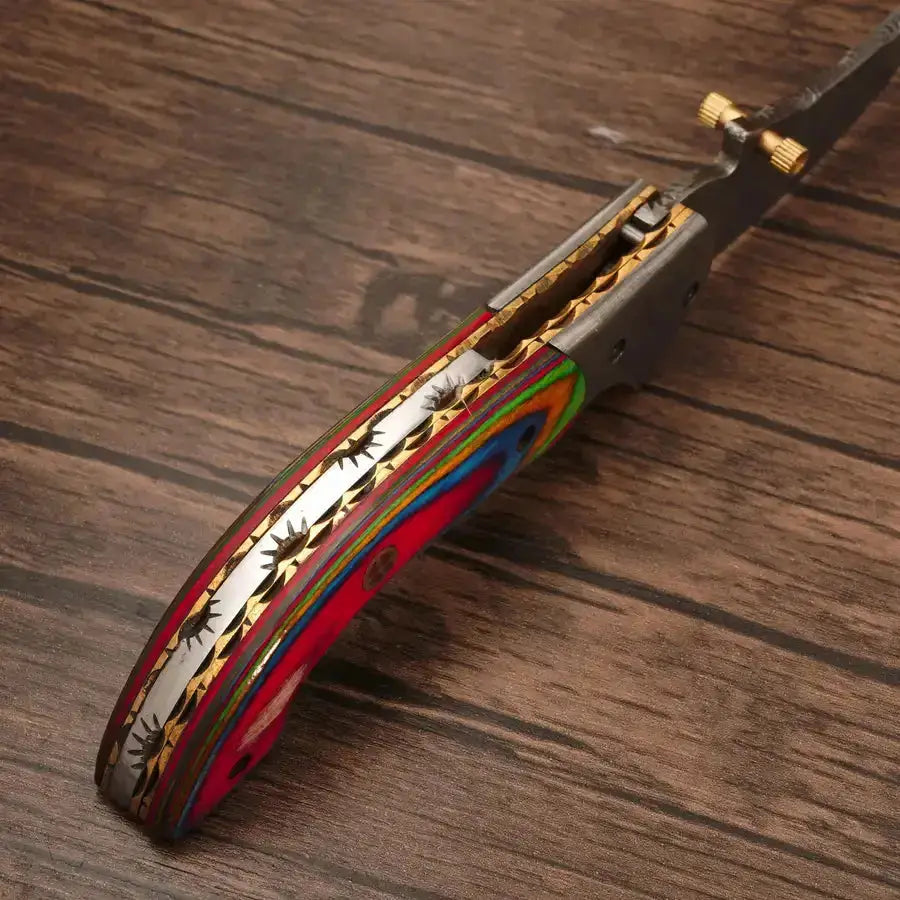 Handmade Damascus Pocket Knife-Damascus Bolster Folding Knife With MiltiColor Pakka Wood Handle - Hunt Craft Knives - Damascus Pocket Knife-Damascus Bolster Folding Knife camping knife