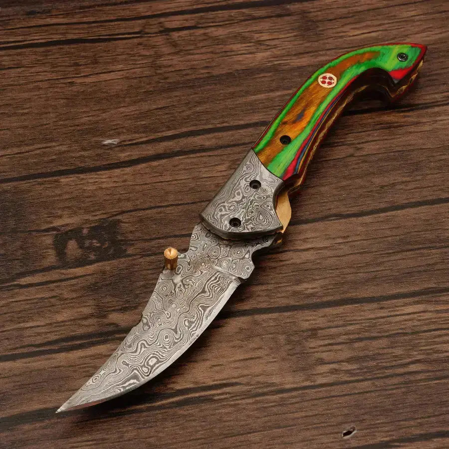 Handmade Damascus Pocket Knife-Damascus Bolster Folding Knife With MiltiColor Pakka Wood Handle - Hunt Craft Knives - Damascus Pocket Knife-Damascus Bolster Folding Knife camping knife
