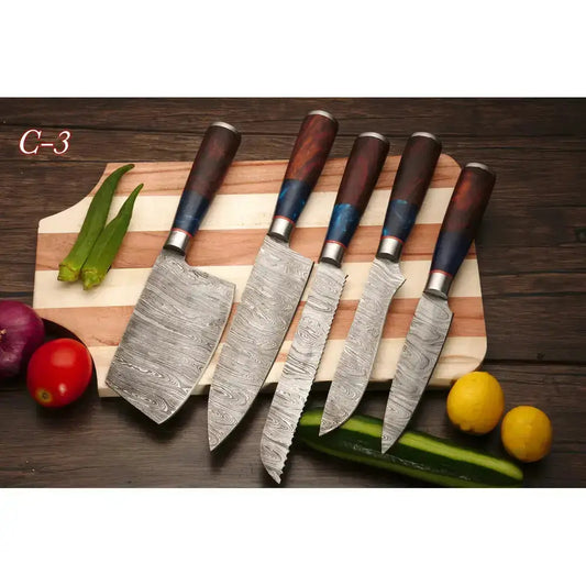Handmade Damascus Steel Chef Knife Set, 5 Piece Kitchen Knife Set with Leather Cover - Hunt Craft Knives
