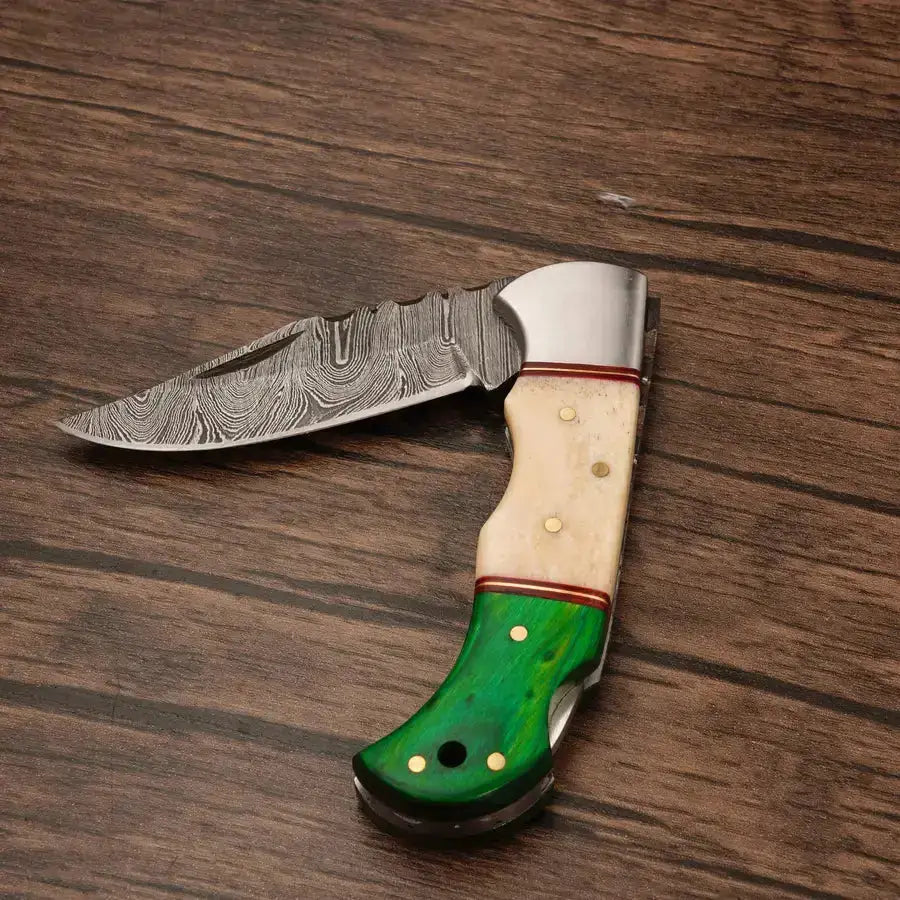 Custom Handmade Damascus Steel Hunting Folding Knife-Best Pocket Knife With Bone & Wood Handle - Hunt Craft Knives