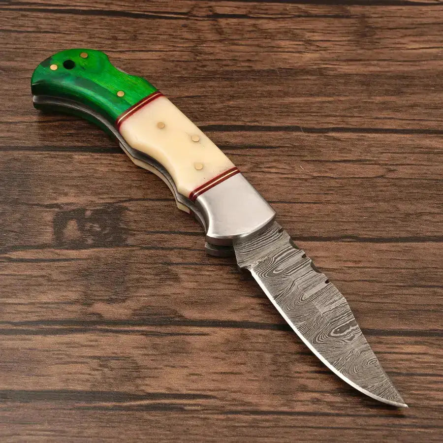 Custom Handmade Damascus Steel Hunting Folding Knife-Best Pocket Knife With Bone & Wood Handle - Hunt Craft Knives
