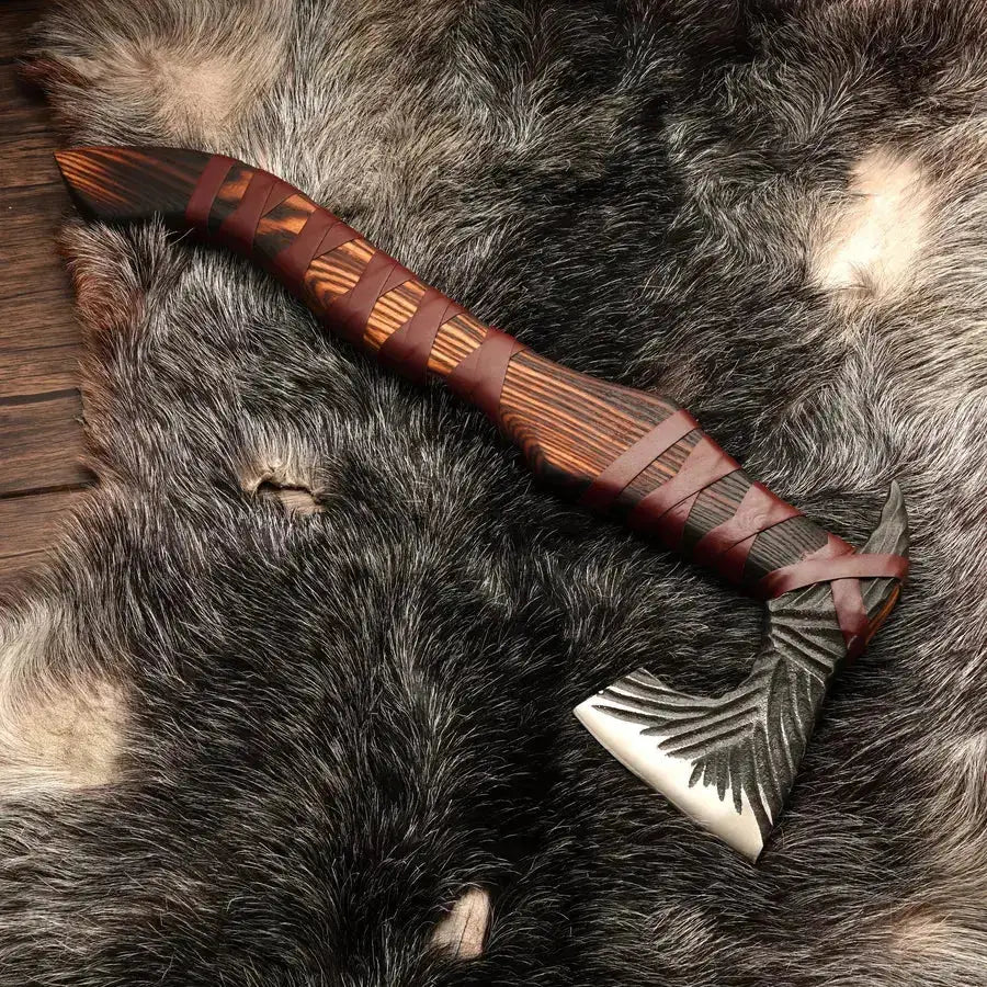 Ravenclaw Battle Axe - Handcraft Tomahawk Axe with Ash Wood Handle & Leather Wrapping - Viking Axe - Hunt Craft Knives