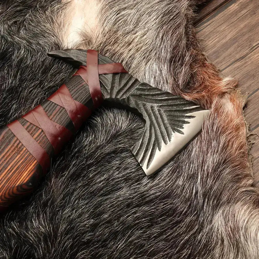 Ravenclaw Battle Axe - Handcraft Tomahawk Axe with Ash Wood Handle & Leather Wrapping - Viking Axe - Hunt Craft Knives