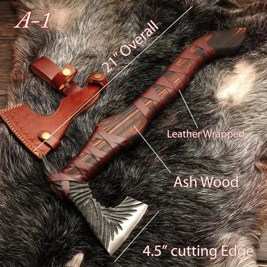 Ravenclaw Battle Axe - Handcraft Tomahawk Axe with Ash Wood Handle & Leather Wrapping - Viking Axe - Hunt Craft Knives