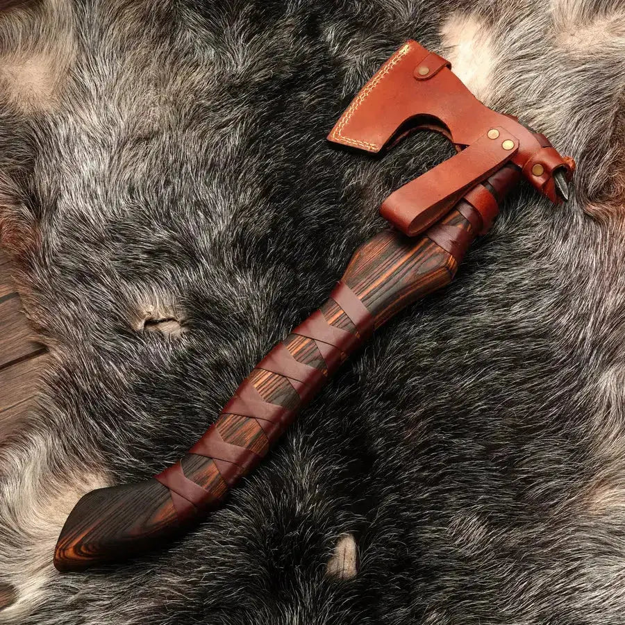 Ravenclaw Battle Axe - Handcraft Tomahawk Axe with Ash Wood Handle & Leather Wrapping - Viking Axe - Hunt Craft Knives